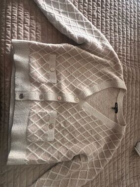 Maje Beige Diamond-Knit Button Cardigan Sweater
